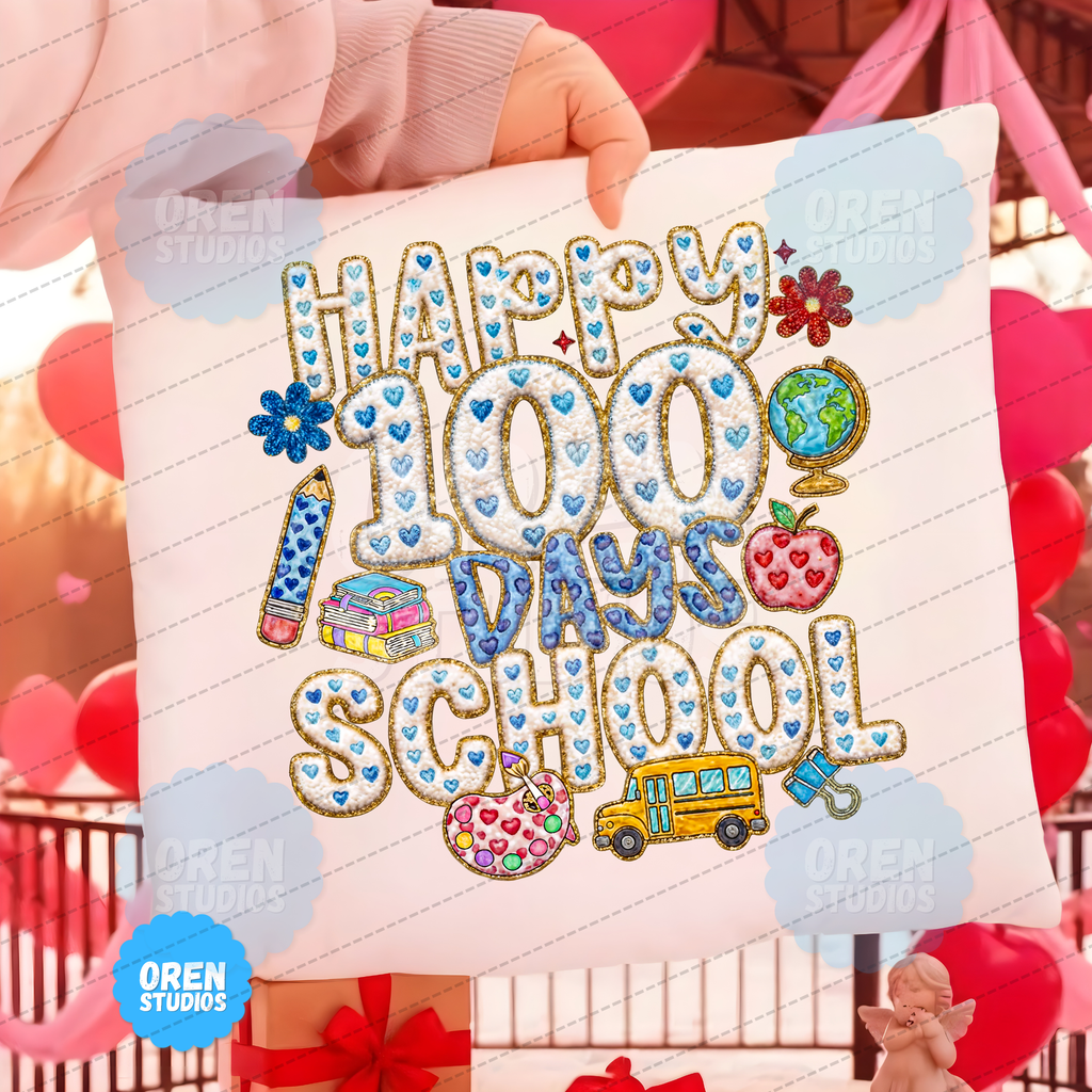 Happy 100 Days of School - Faux Chenille Patch & Embroidery Sublimation PNG