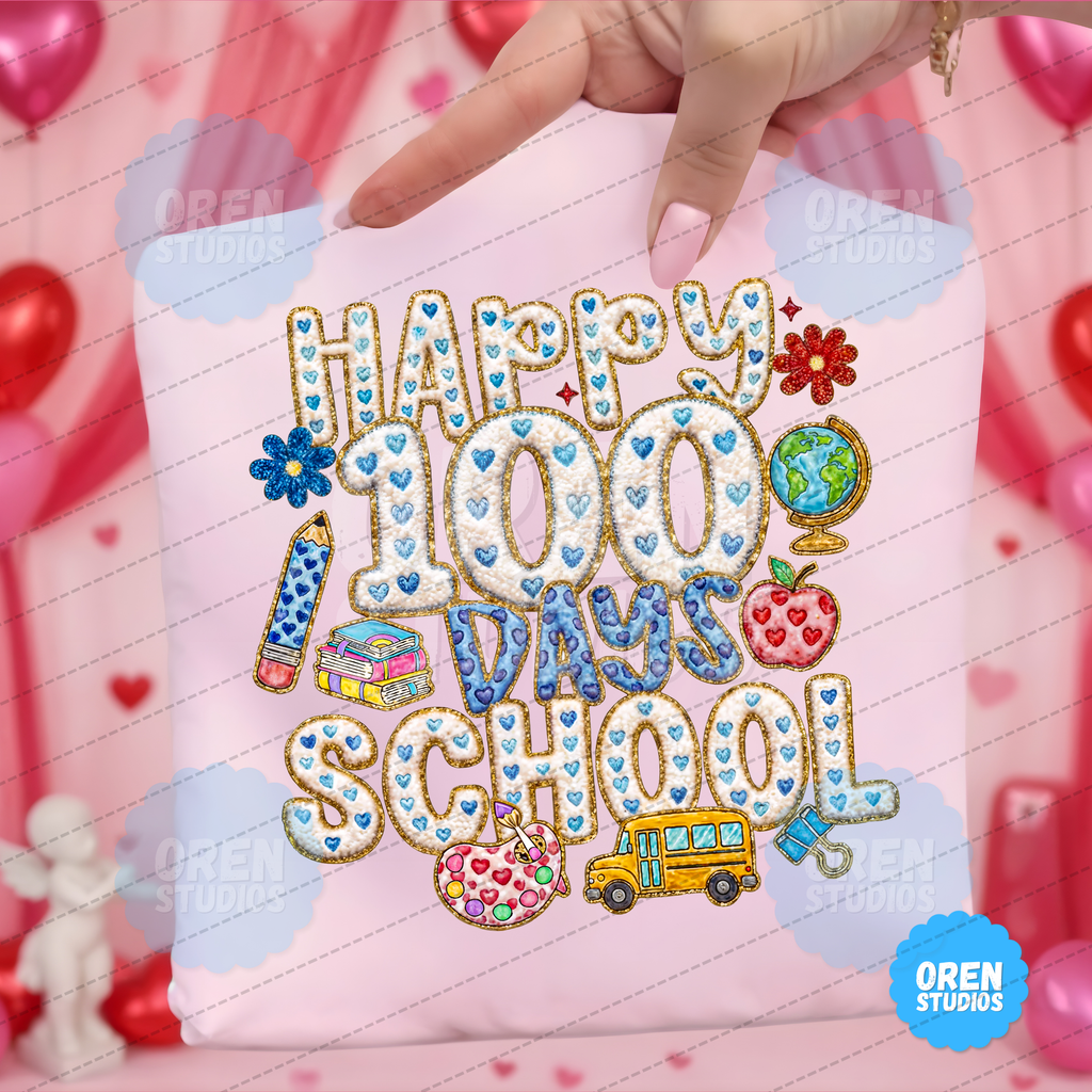 Happy 100 Days of School - Faux Chenille Patch & Embroidery Sublimation PNG