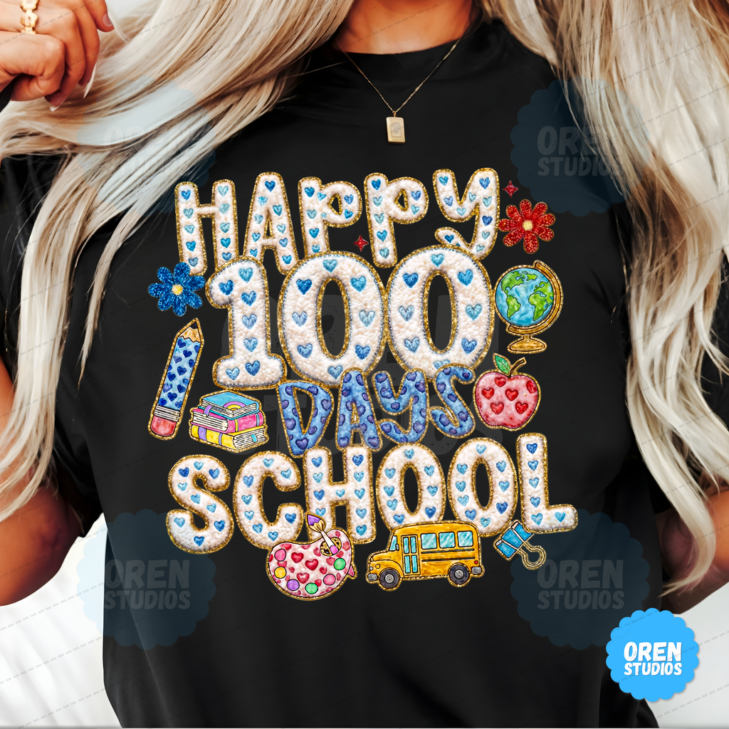 Happy 100 Days of School - Faux Chenille Patch & Embroidery Sublimation PNG