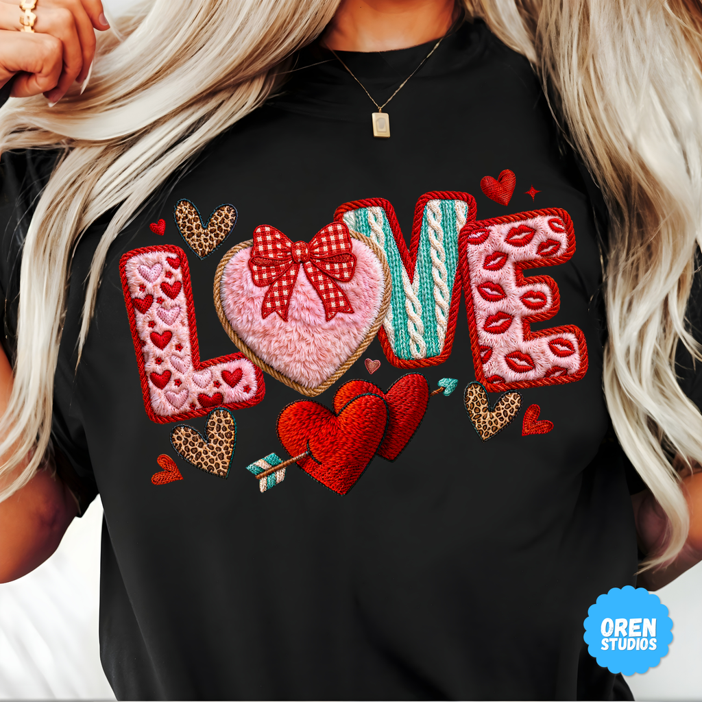 Love Valentine PNG Faux Yarn Latch Hook, Coquette Gingham Bow Heart, Knitted Sweater Texture, Chenille Patch Sublimation, Leopard Print DTF