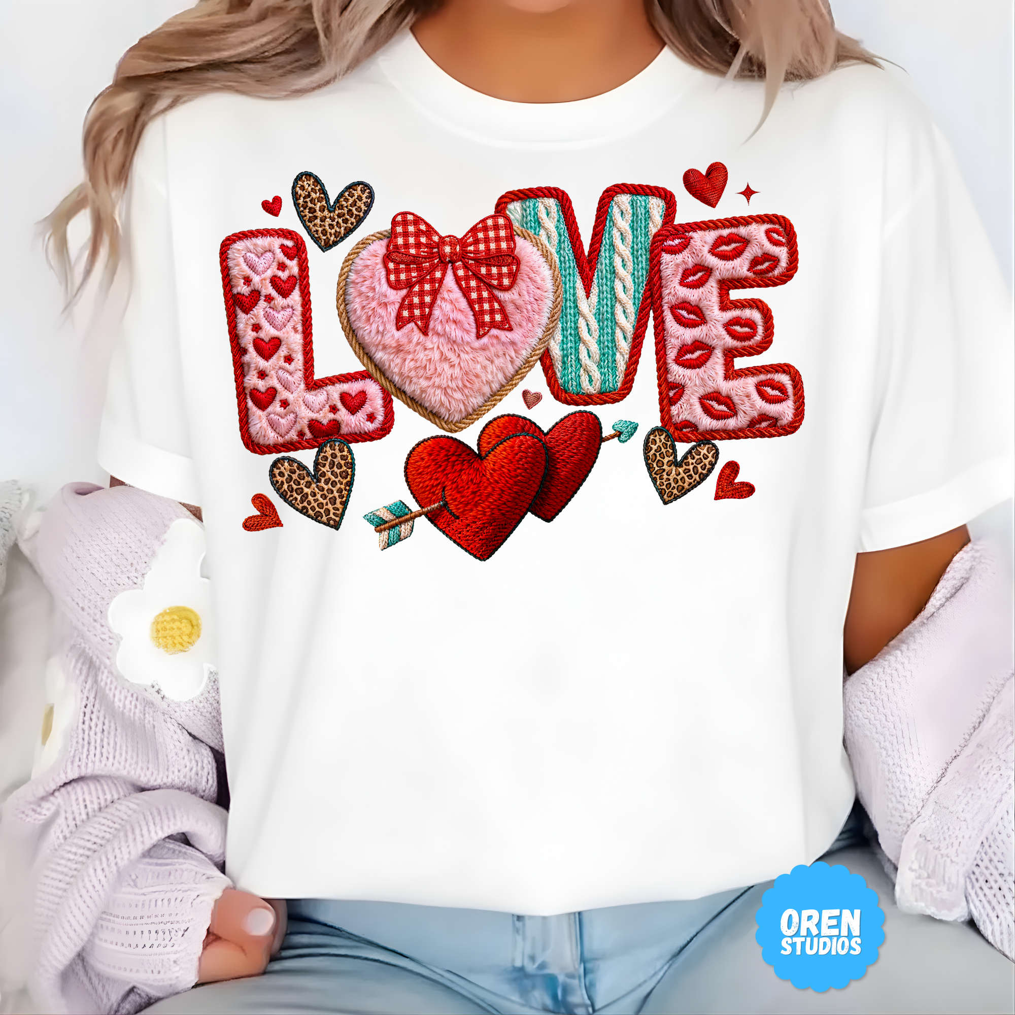 Love Valentine PNG Faux Yarn Latch Hook, Coquette Gingham Bow Heart, Knitted Sweater Texture, Chenille Patch Sublimation, Leopard Print DTF