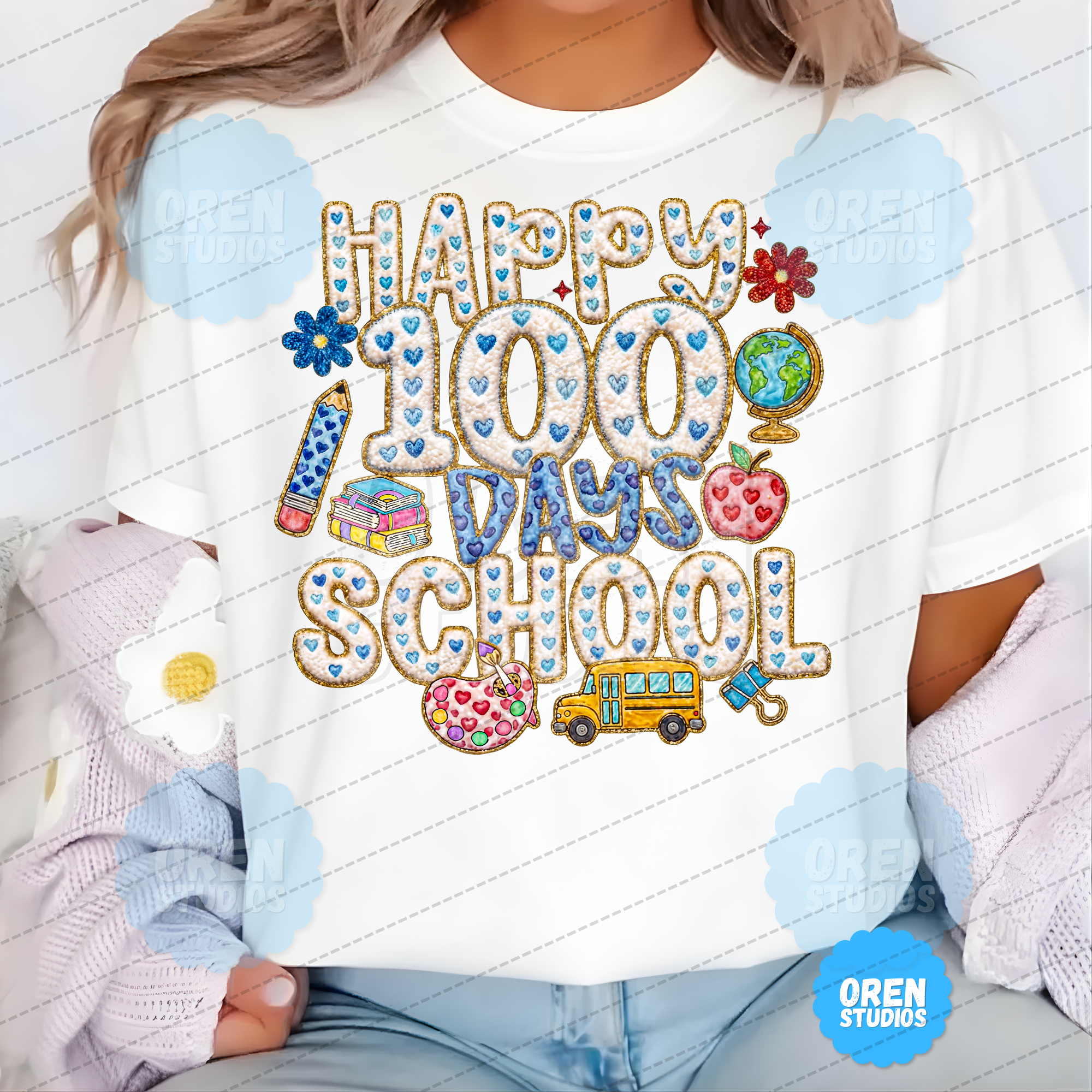 Happy 100 Days of School - Faux Chenille Patch & Embroidery Sublimation PNG