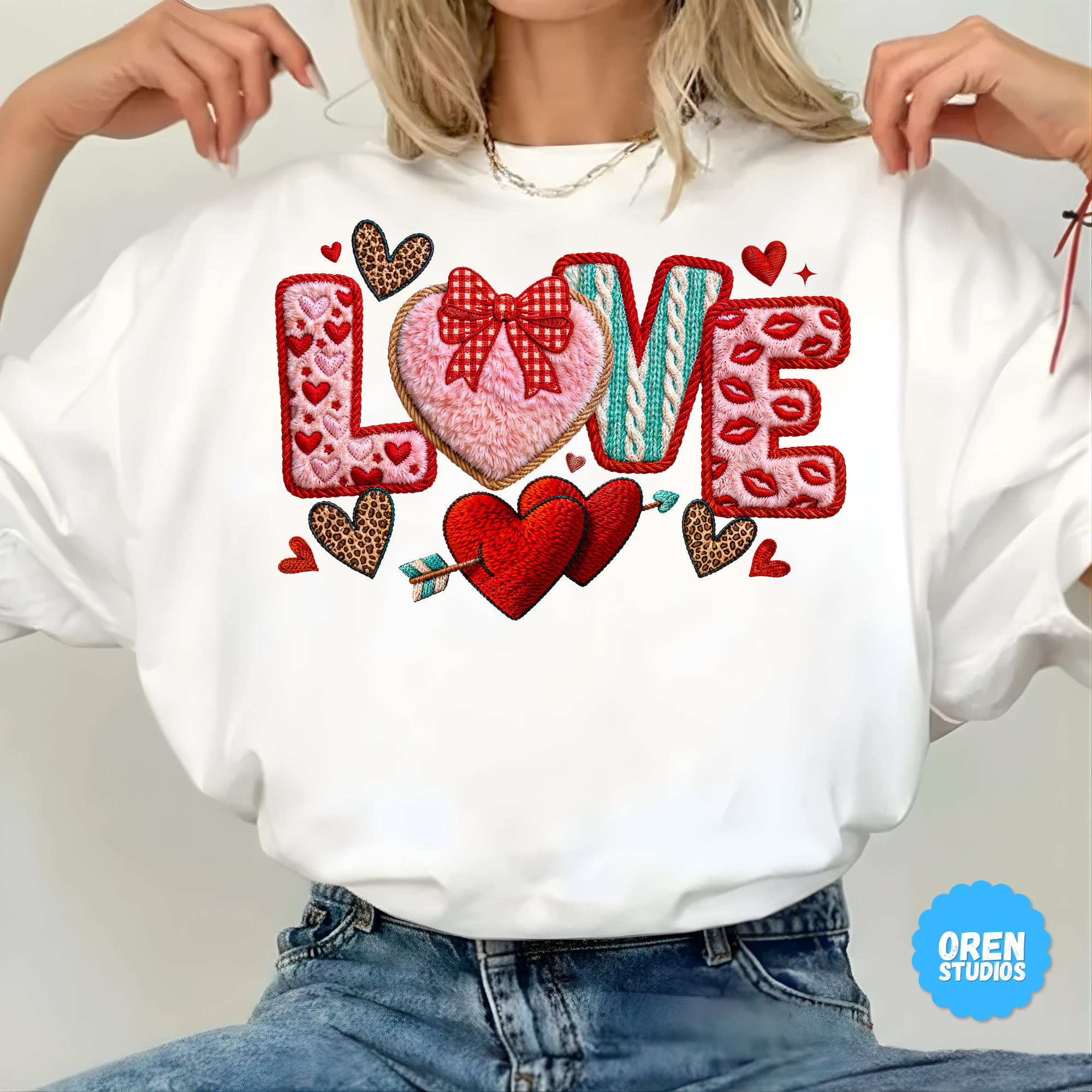 Love Valentine PNG Faux Yarn Latch Hook, Coquette Gingham Bow Heart, Knitted Sweater Texture, Chenille Patch Sublimation, Leopard Print DTF