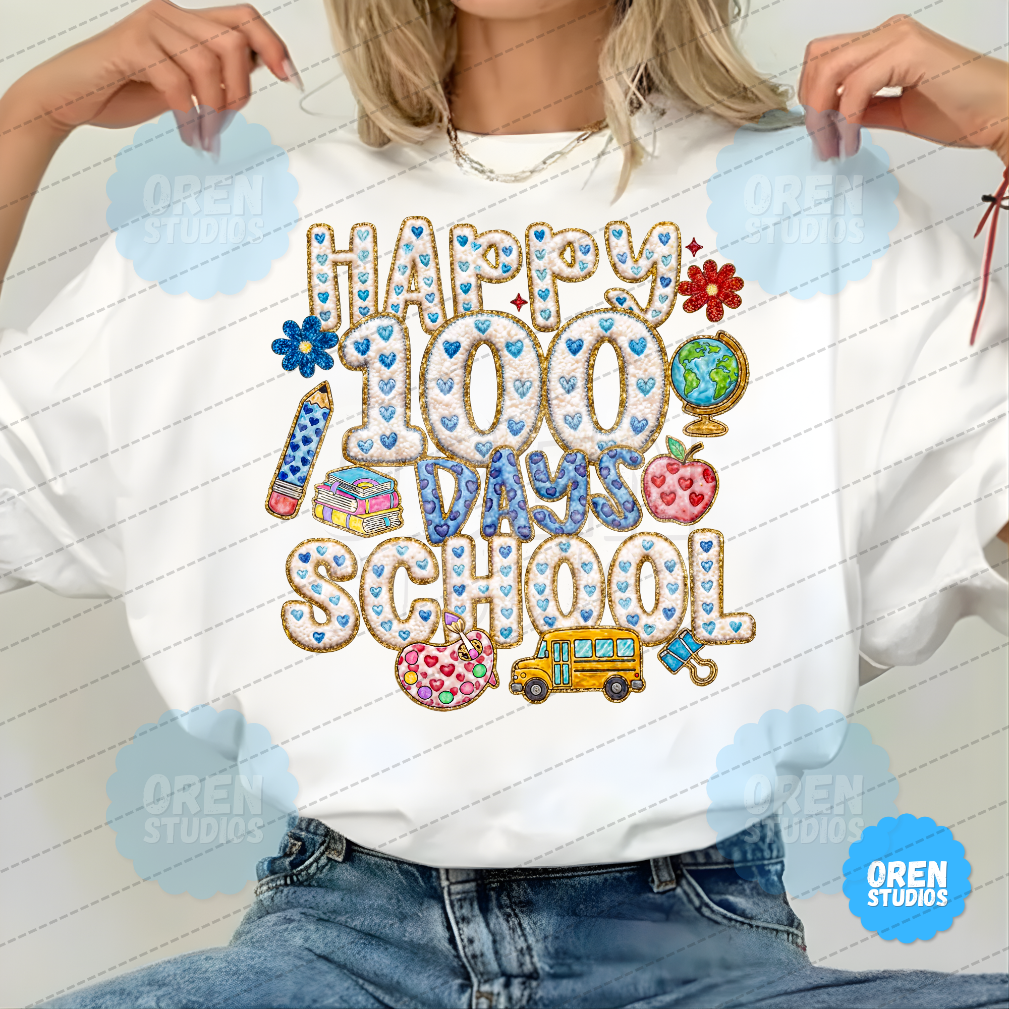 Happy 100 Days of School - Faux Chenille Patch & Embroidery Sublimation PNG