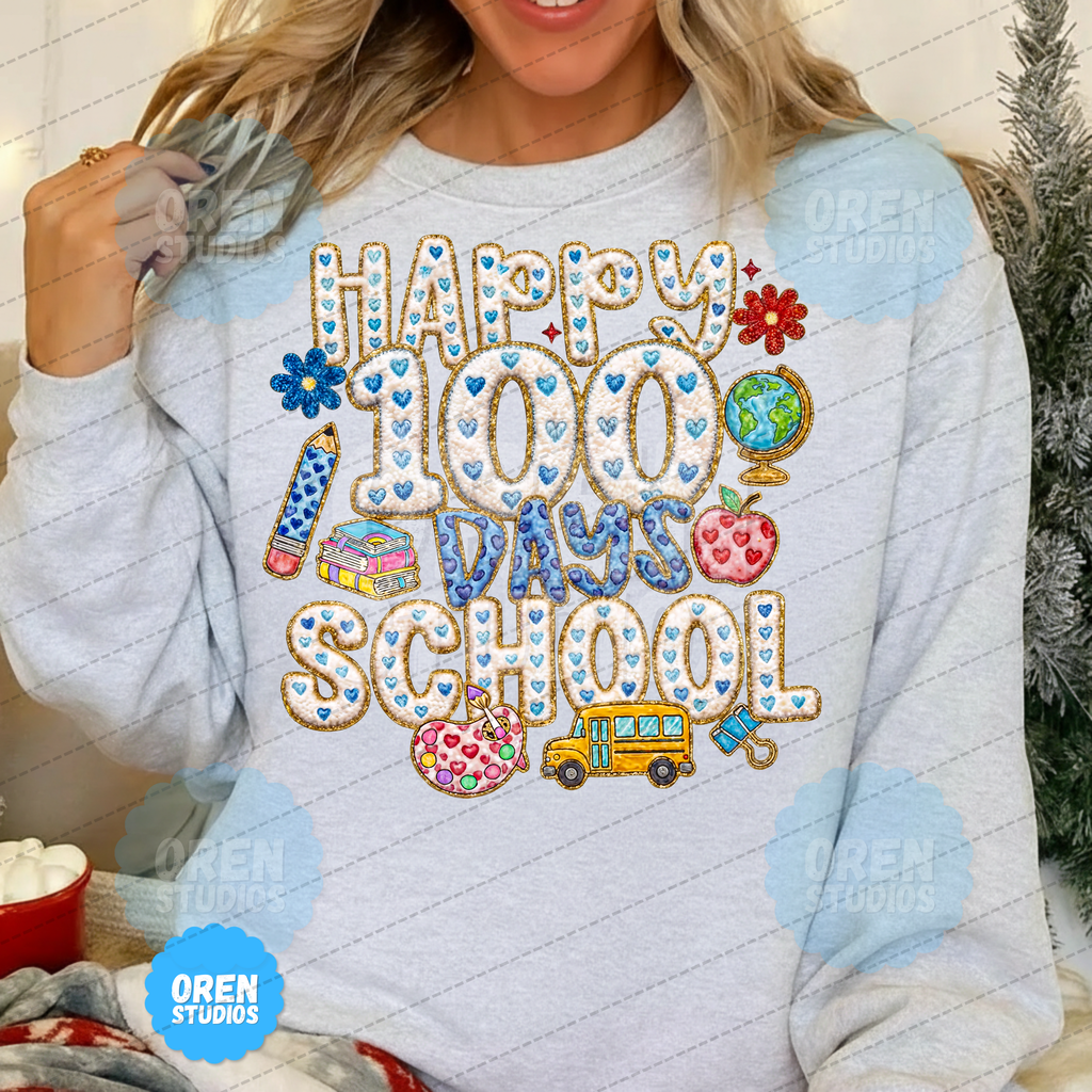 Happy 100 Days of School - Faux Chenille Patch & Embroidery Sublimation PNG
