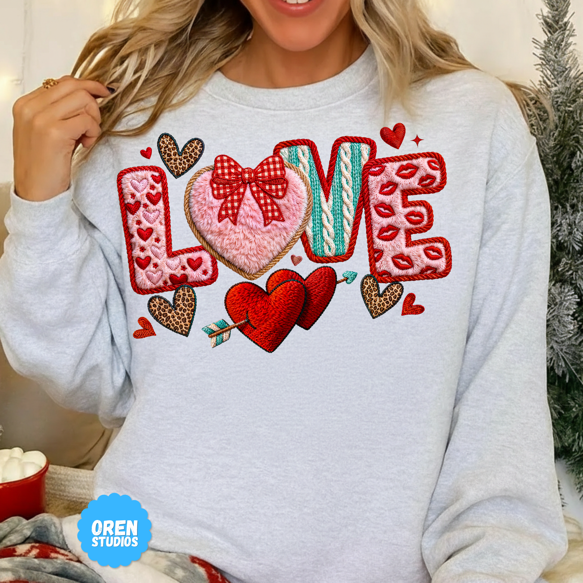 Love Valentine PNG Faux Yarn Latch Hook, Coquette Gingham Bow Heart, Knitted Sweater Texture, Chenille Patch Sublimation, Leopard Print DTF