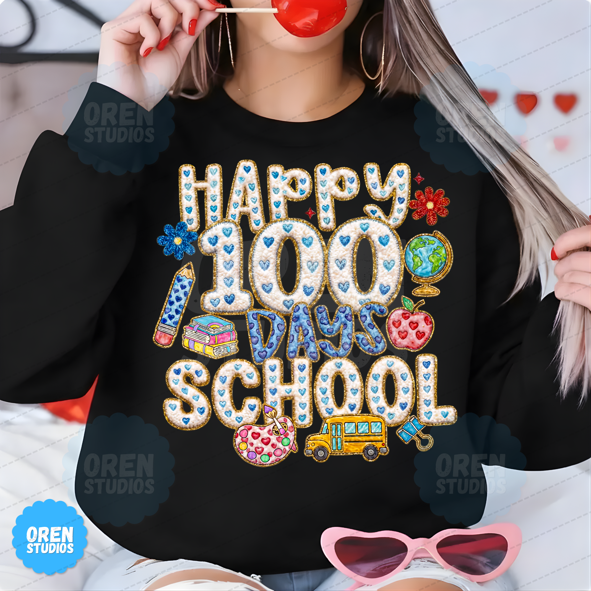 Happy 100 Days of School - Faux Chenille Patch & Embroidery Sublimation PNG
