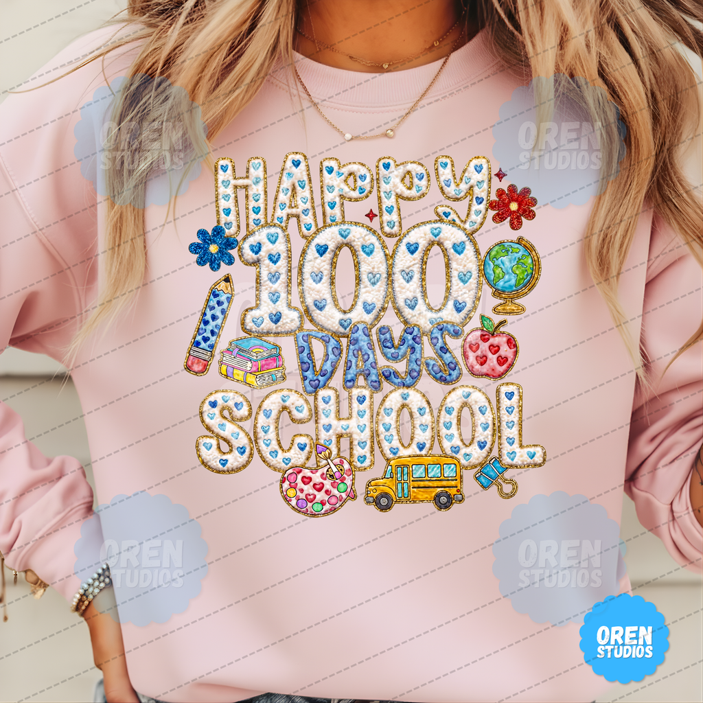 Happy 100 Days of School - Faux Chenille Patch & Embroidery Sublimation PNG