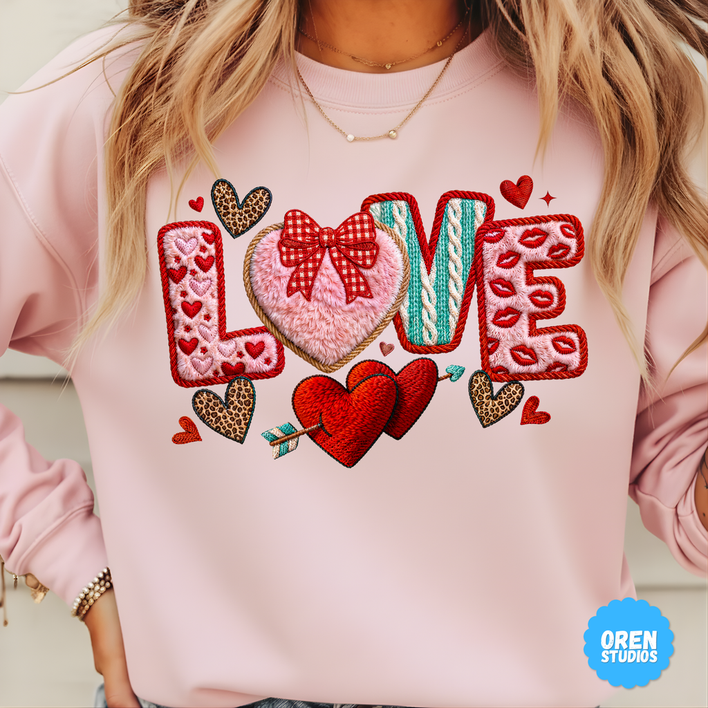 Love Valentine PNG Faux Yarn Latch Hook, Coquette Gingham Bow Heart, Knitted Sweater Texture, Chenille Patch Sublimation, Leopard Print DTF